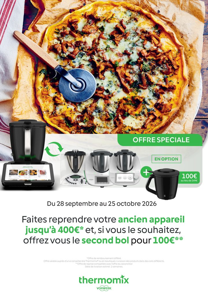 Visuel Vorwerk de l’offre reprise, du 28 septembre au 25 octobre 2026 : faites reprendre votre ancien appareil jusqu’à 400 € (remboursement différé) et, si vous le souhaitez, offrez-vous le second bol pour 100 €.
