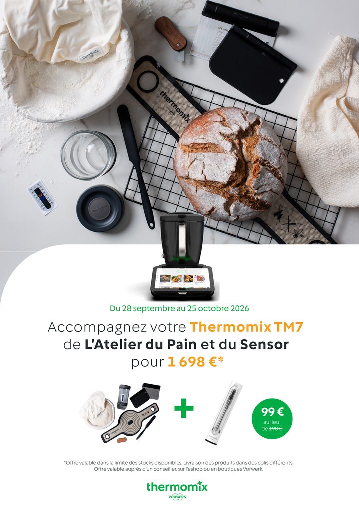 Visuel Vorwerk, du 28 septembre au 25 octobre 2026 : accompagnez votre Thermomix TM7 de L’Atelier du Pain et du Sensor pour 1 698 €, soit 99 € au lieu de 198 € pour les accessoires.